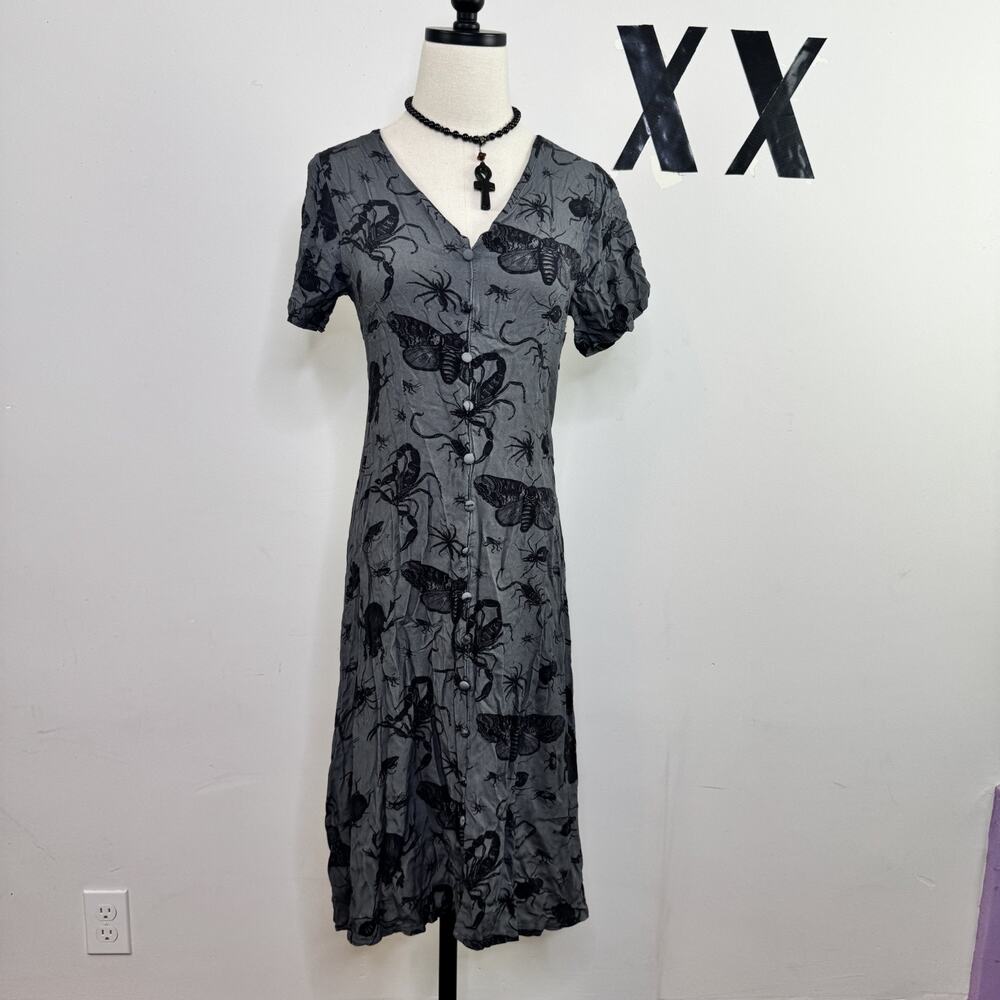 Disturbia Parasite Bug Print Midi Shirt Dress Button Front Goth Alt 4